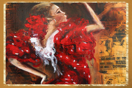 Artwork of a woman facing backwards in a red dress